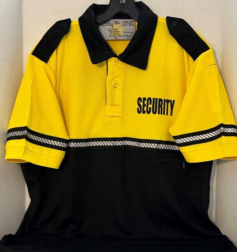 SECURITY YELLOW / BLACK BIKE PATROL POLOS WITH SHORT SLEEVES - SECURITY IN BLACK.